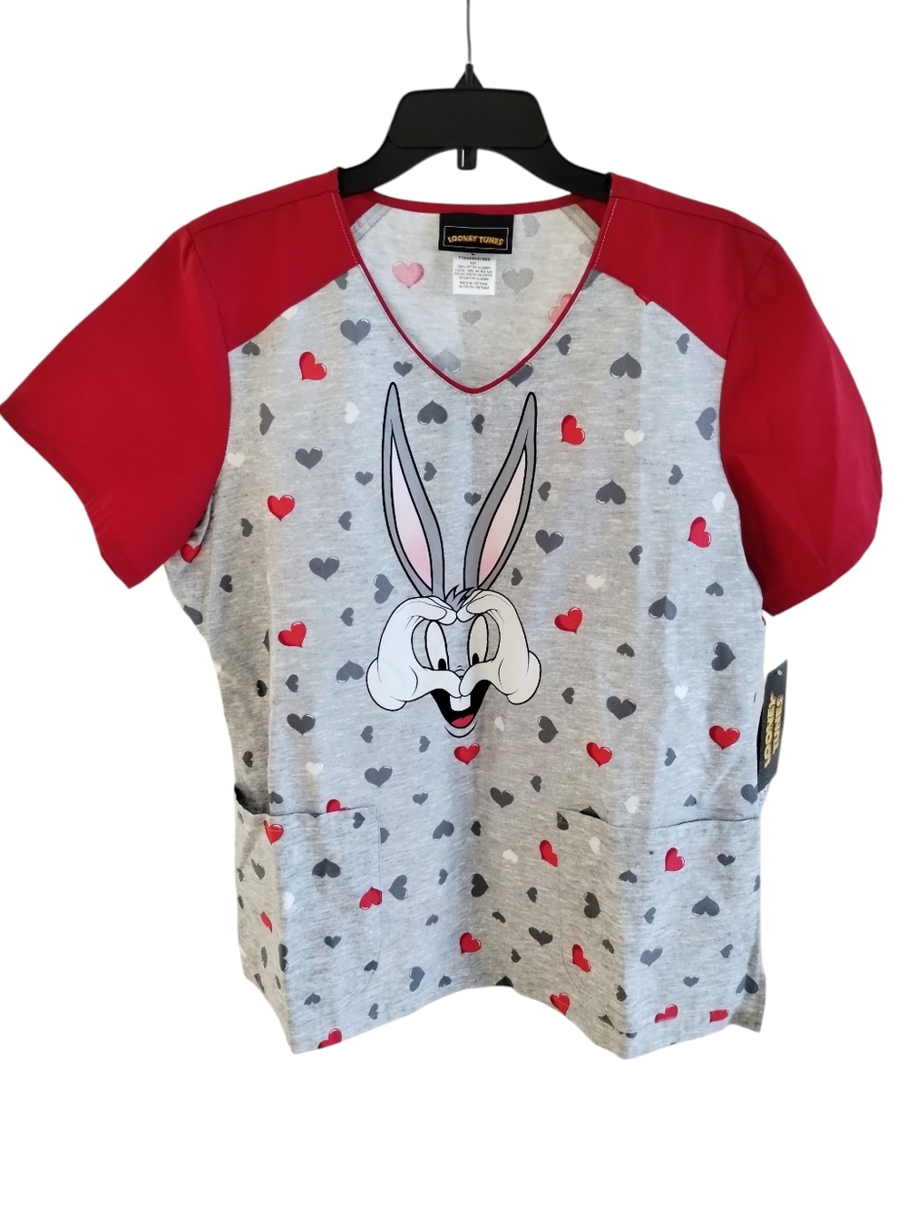 Looney Tunes Scrub Women's Bugs Bunny Hearts All Over Print Sz Large New W Tags